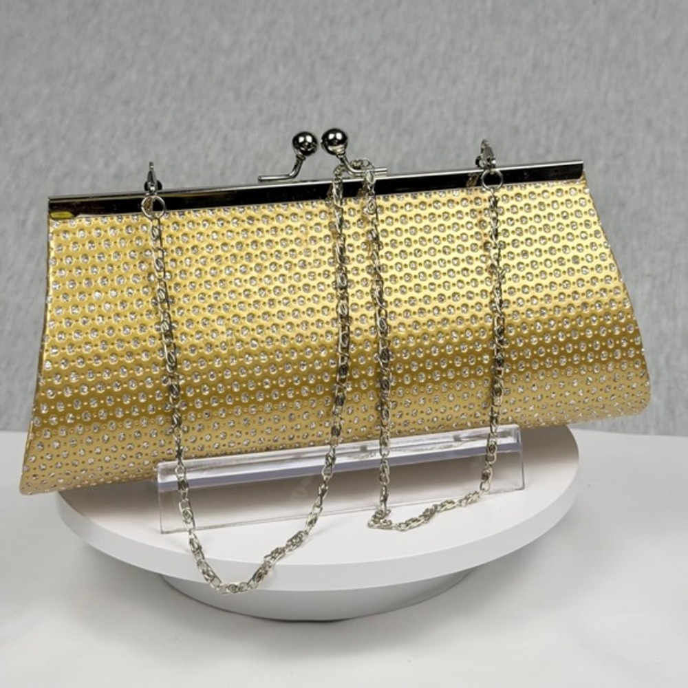 Gold Rhinestone Evening Clutch Metallic Formal Wedding Purse with Chain Strap - Picture 5 of 11